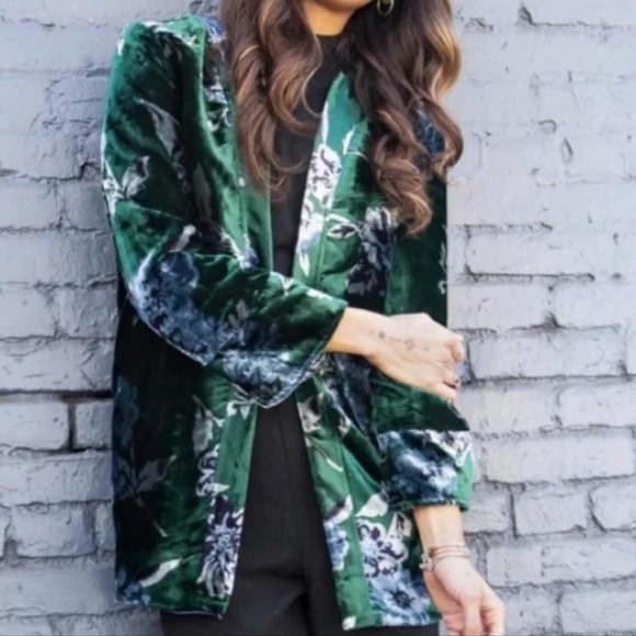 Anthropologie Jackets & Blazers - Eva Franco Anthropologie Green Floral Velvet Open Blazer Jacket